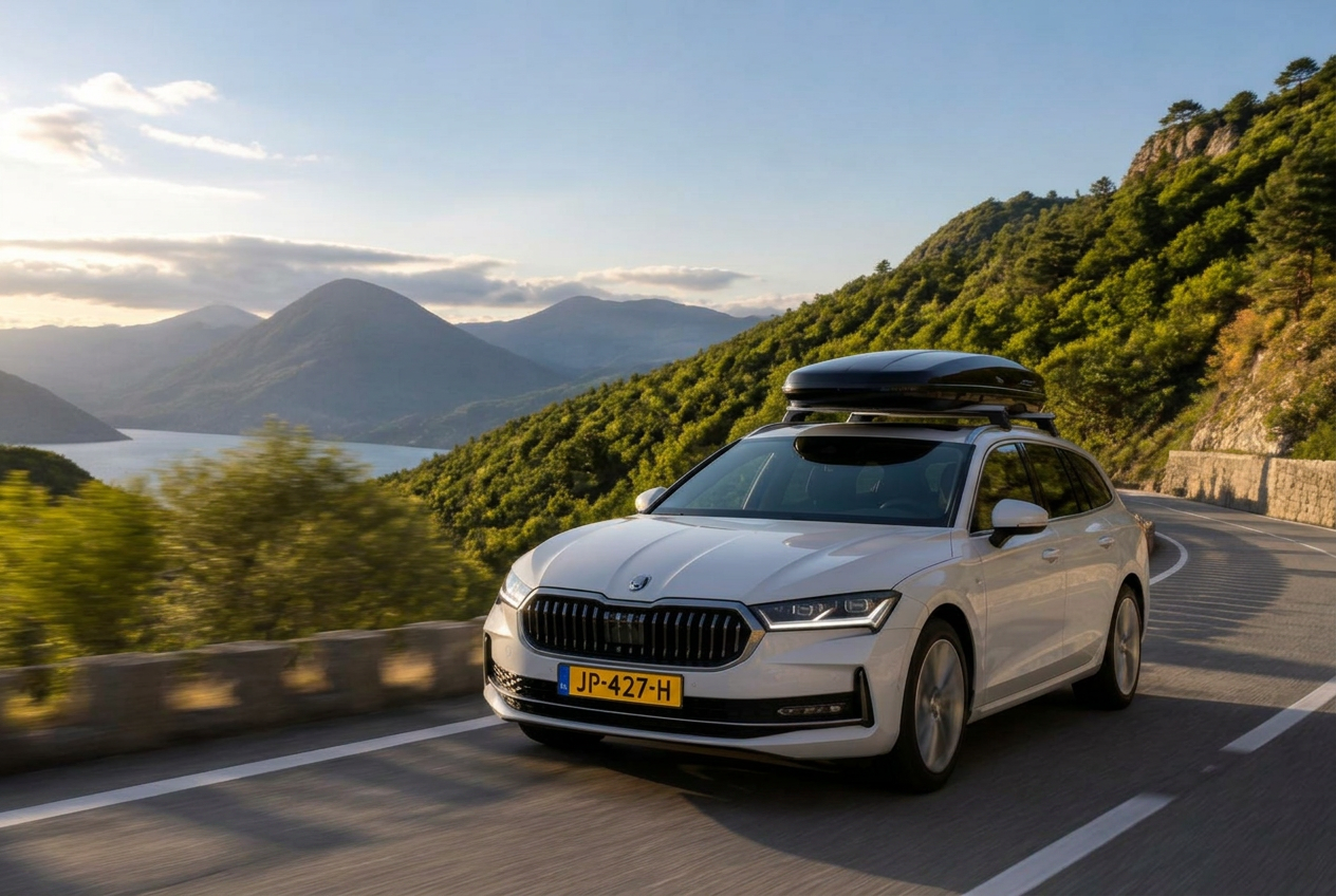 Auto met dakkoffer op een bergweg